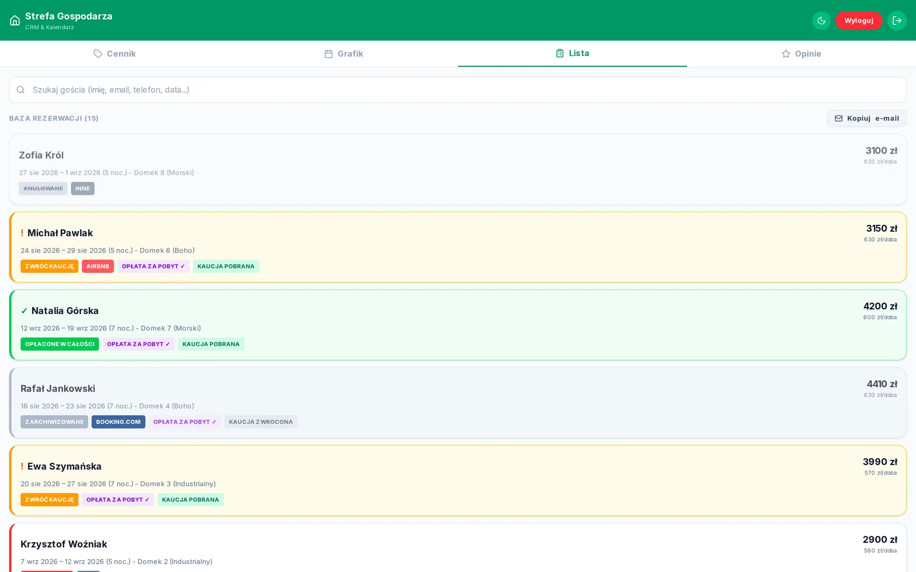 Strefa Gospodarza — lista rezerwacji z wyszukiwarką i statusami płatności