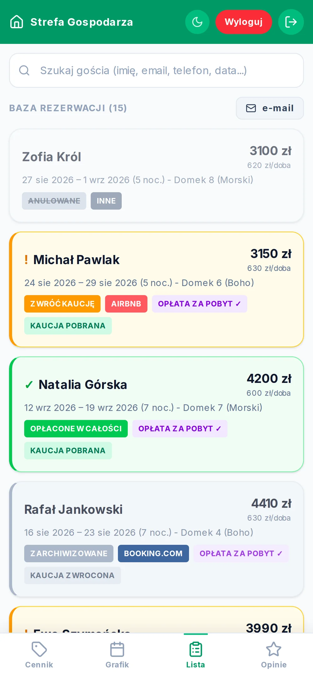 Strefa Gospodarza na telefonie — lista rezerwacji