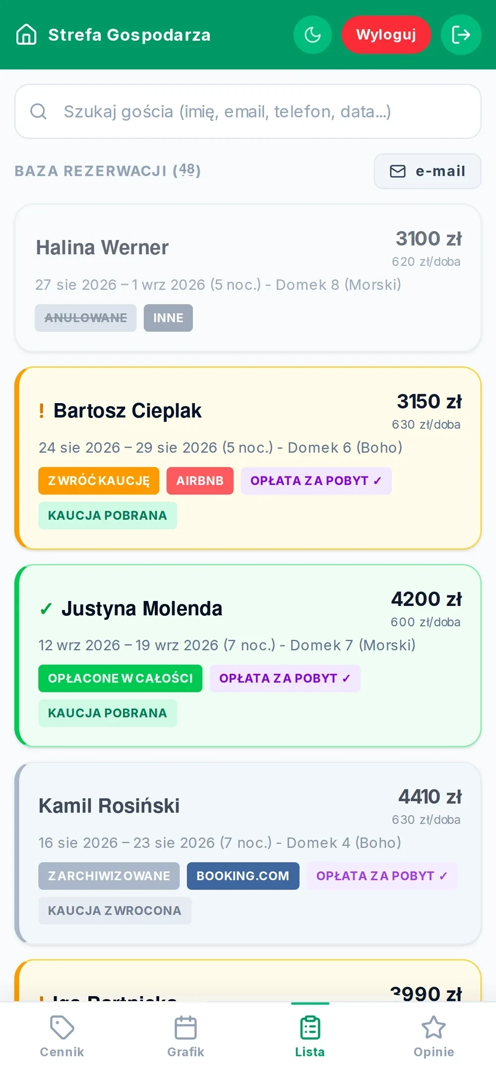 Strefa Gospodarza na telefonie — lista rezerwacji