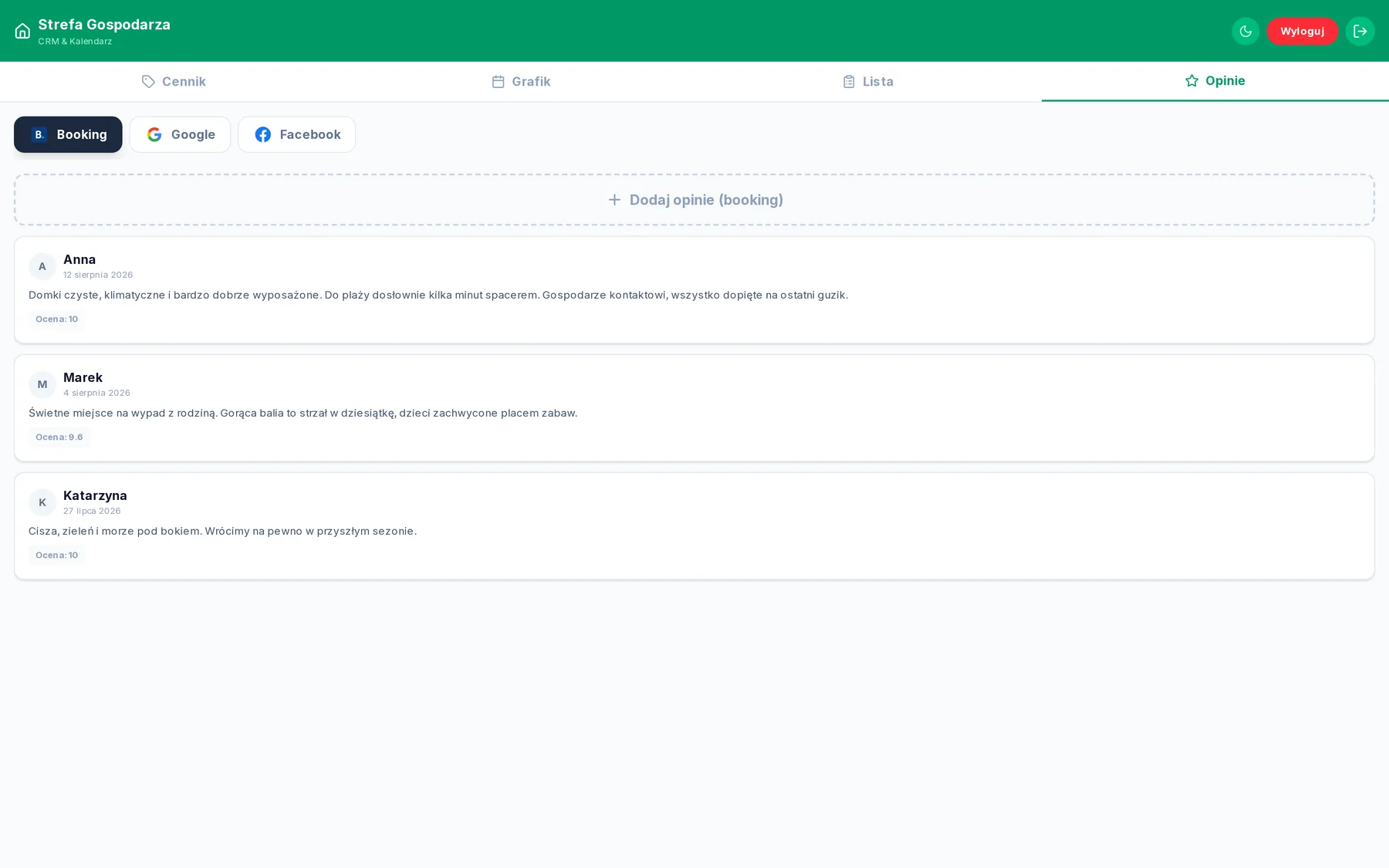 Strefa Gospodarza — panel redakcji opinii z podziałem na Booking, Google i Facebook